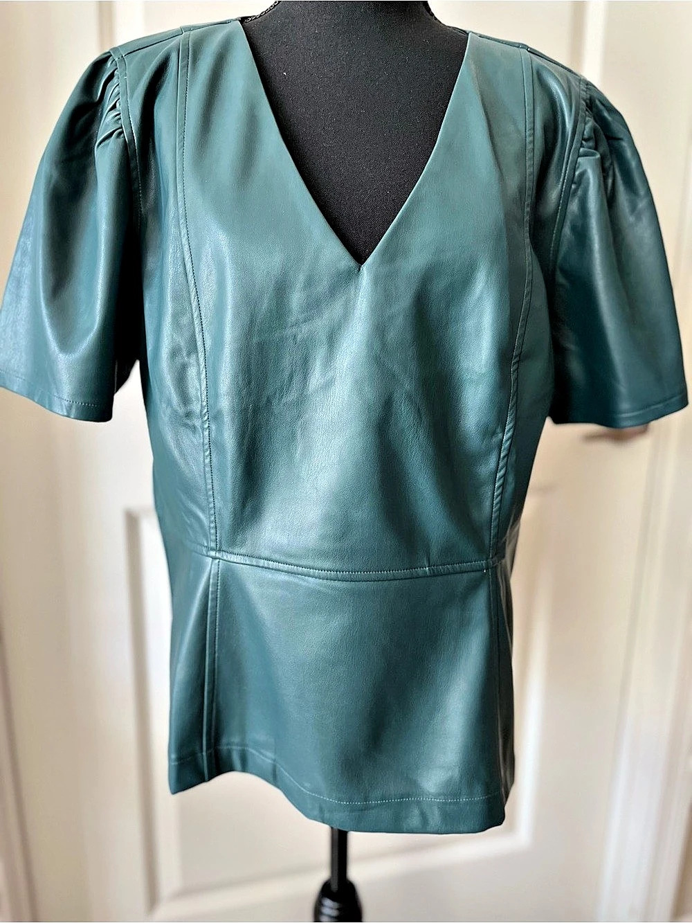 Ann Taylor Faux Leather Puff Sleeve Top in Green